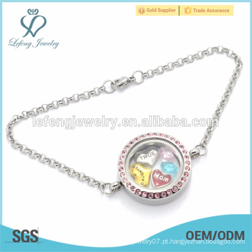 Personalizado em aço inoxidável pérola cadeia flutuante locket pingentes pulseira, pulseira com cristal rosa